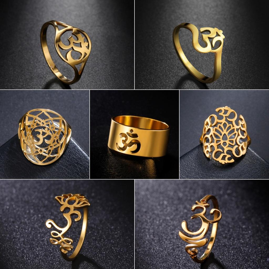 LIKGREAT Chakra OM Ring for Women Men Stainless Steel Gold Color AUM Yoga Meditation Spiritual Religious Amulet Jewelry Gifts