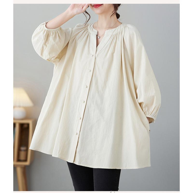Jarní a letní dámská jednobarevná košile s výstřihem do V a lucernovými rukávy, nadměrná velikost, bavlněno-lněná košile