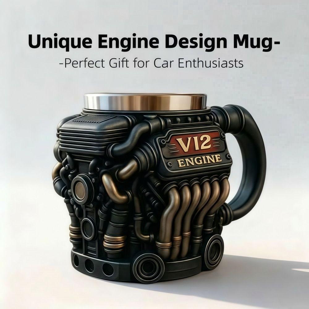 Taza de acero inoxidable con asa para motor V12, estilo retro, con aislamiento, ideal como regalo para hombres y niños.