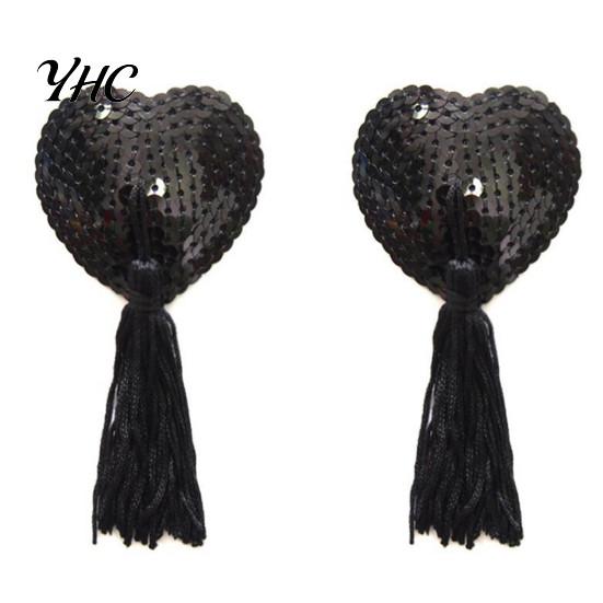 Invisible Chest Pads 1 Pair Nipple Covers Sequins Shiny Heart Shape Nippleless Stickers Tassels Self-Adhesive for Home
