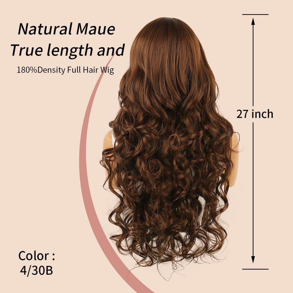 Women's Tea Brown Long Curly Wig with Bangs – Fluffy, Age-Reducing, Big Waves, Full Head Cover