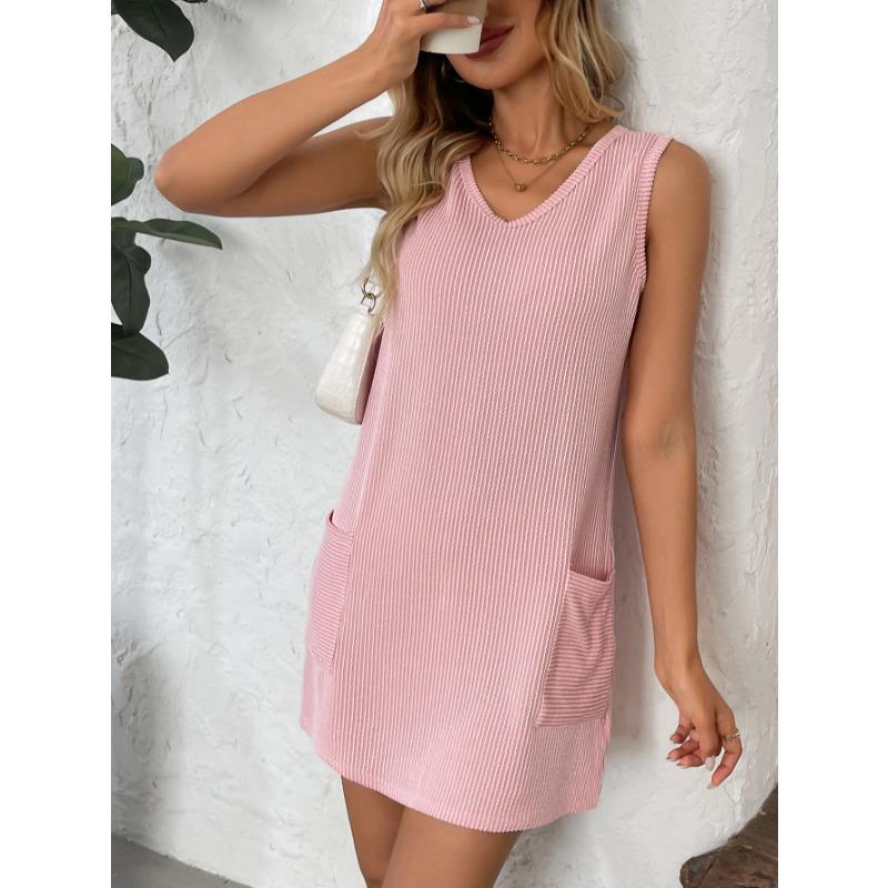 Sommer V-Ausschnitt Ärmellos Damen Weste Kleid Elegant Locker Taschen Einfarbig Tasche Mode Einfach Kurze Kleider Lässig Büro Einfache Kleidung
