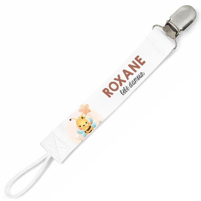 Planetee Attache tétine pour prénom ROXANE bébé d'amour Abeille | Attache sucette cadeau naissance