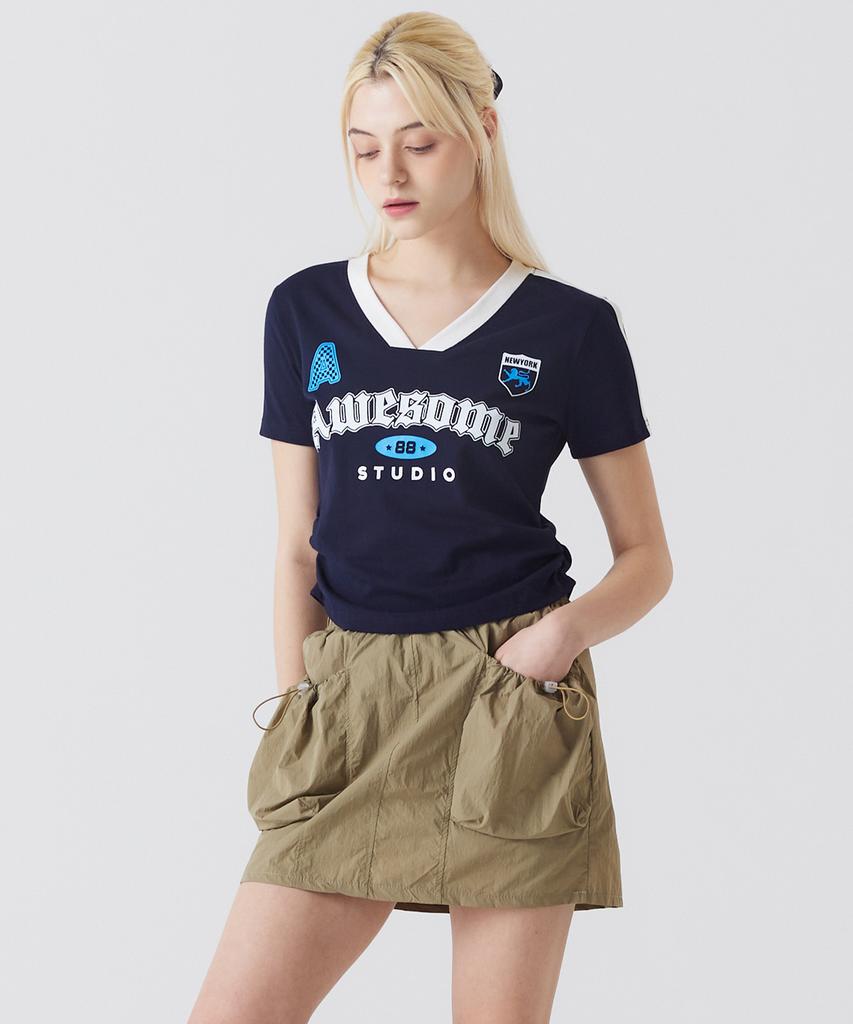 AWESOME STUDIO Short Sleeve Blockcore V-Neck Shirred T-Shirt Ivory