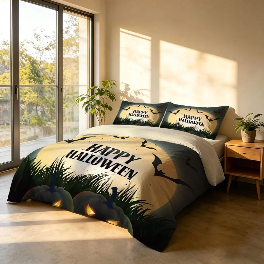 3PCS Pumpkin Bat Moon Night Happy Halloween Bedding Set with Coreless Soft Bedding Decorative and Machine-Washable