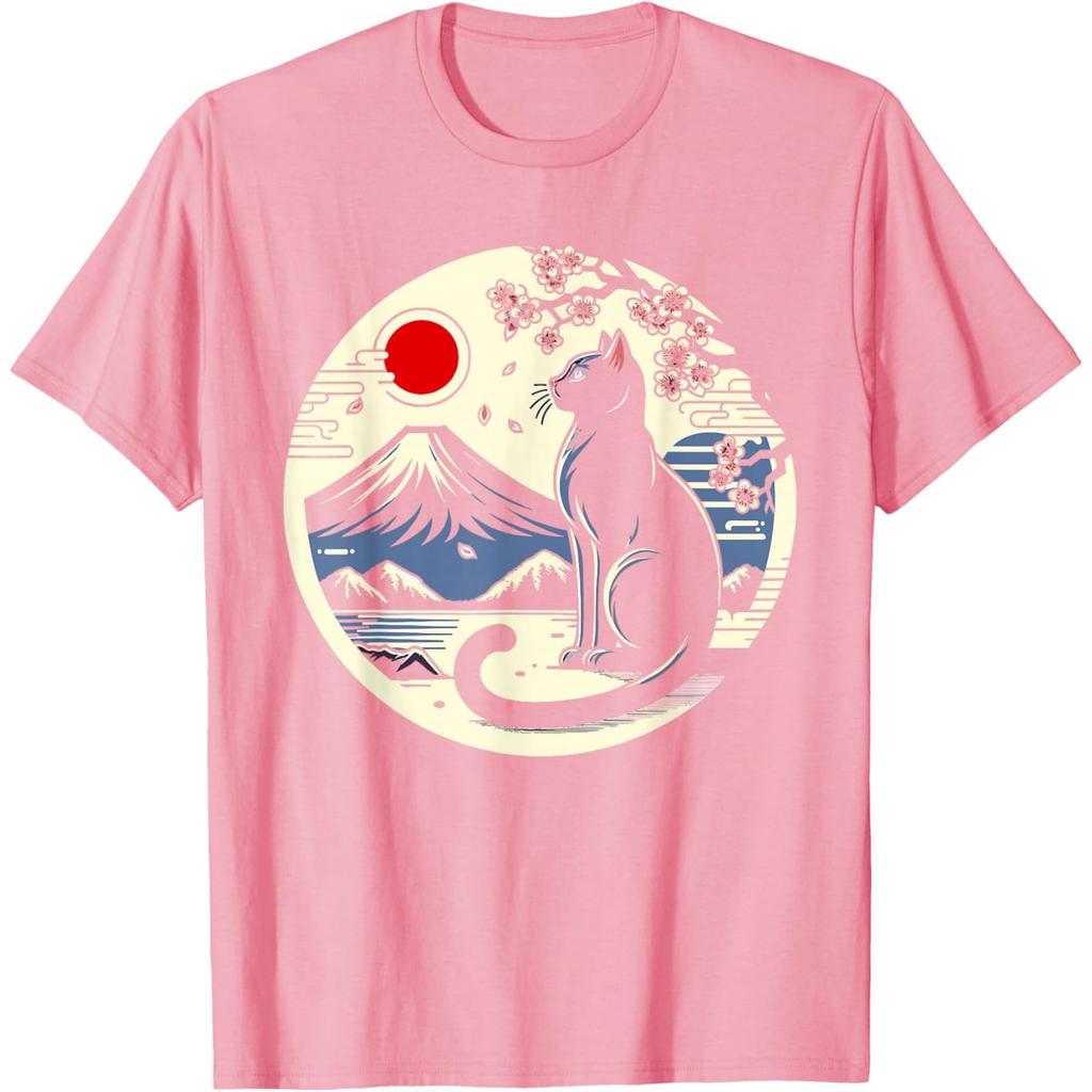 Black Cat Japanese Mount Fuji Graphic T-Shirt Breathable Cotton Retro Style Tee for Men