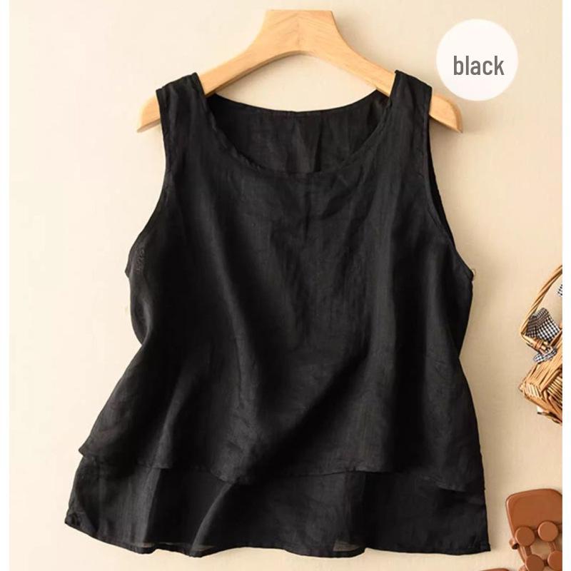 Dámská bavlněná lněná tílko nadměrné velikosti - Volný střih Retro minimalistický design