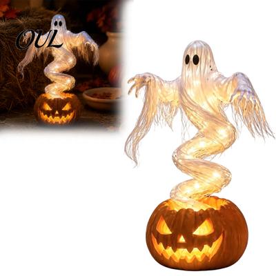 Lampe Figurine Fantôme en Résine Lampadaire Citrouille Tourbillonnante Halloween, Cadeaux Effrayants Éclairés pour Voisins Statue, Décoration Extérieure Porche LED Chaleureuse