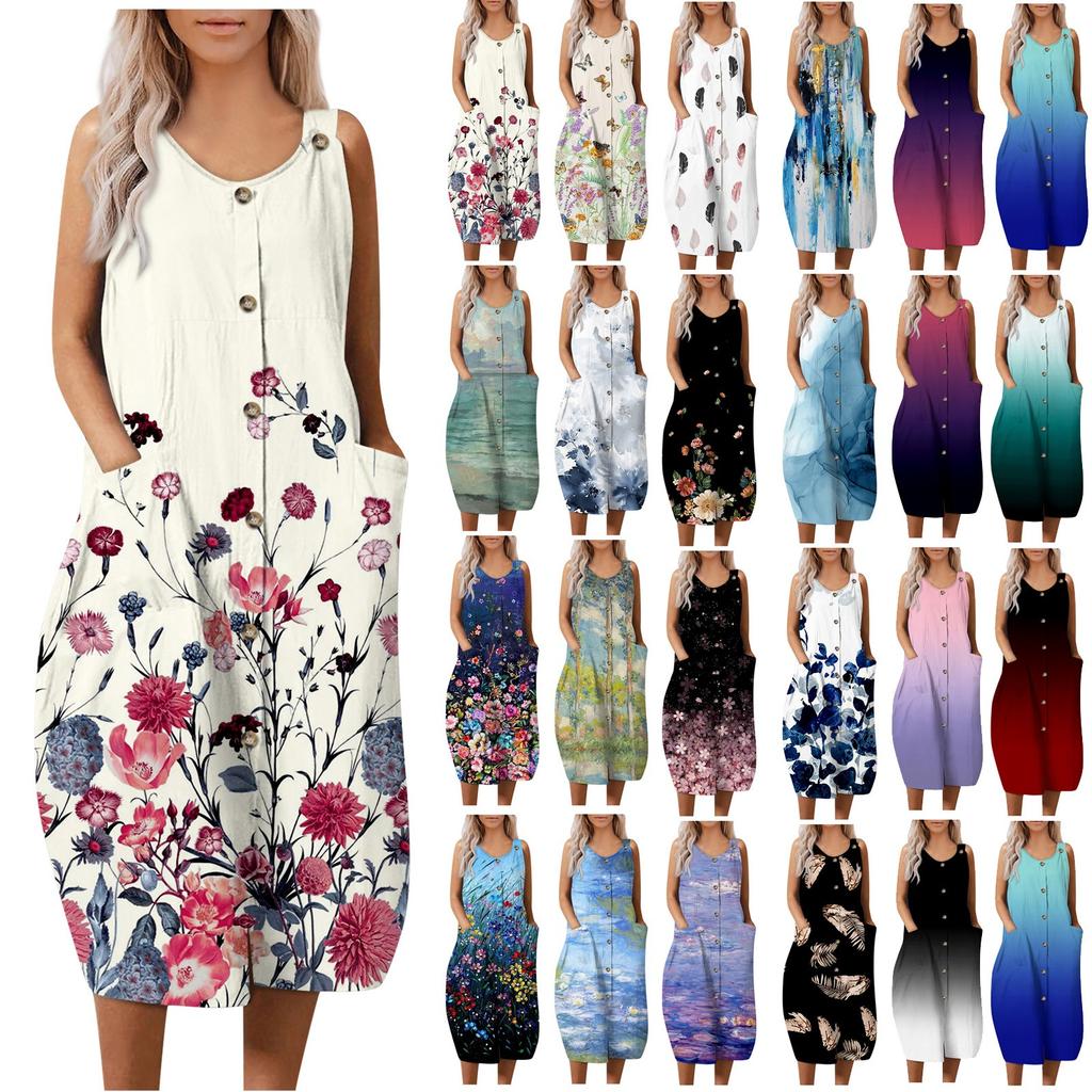 Women's Fashion Printing Sleeveless Adjustable Sling Dress