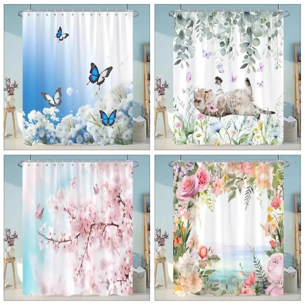 Beautiful Plant Flower Shower Curtain Eucalyptus Leaf Cherry Blossom Scenery Cat Butterfly Polyester Bath Curtain Bathroom Decor