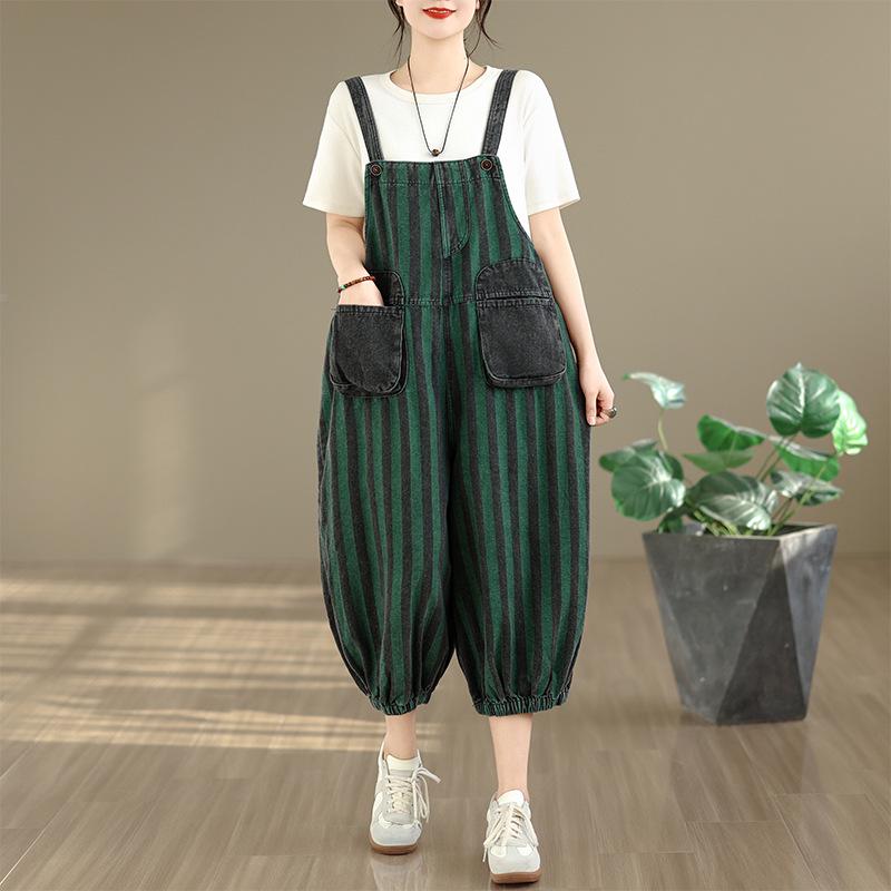 

Plus Size Women s Retro Striped Denim Overalls - 7/8 Length Pants XL зелёный