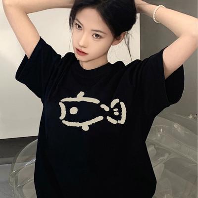 Pure Cotton Black Short-sleeved Women's T-shirt New Popular Summer Unique Design Niche Top Loose T-shirt
