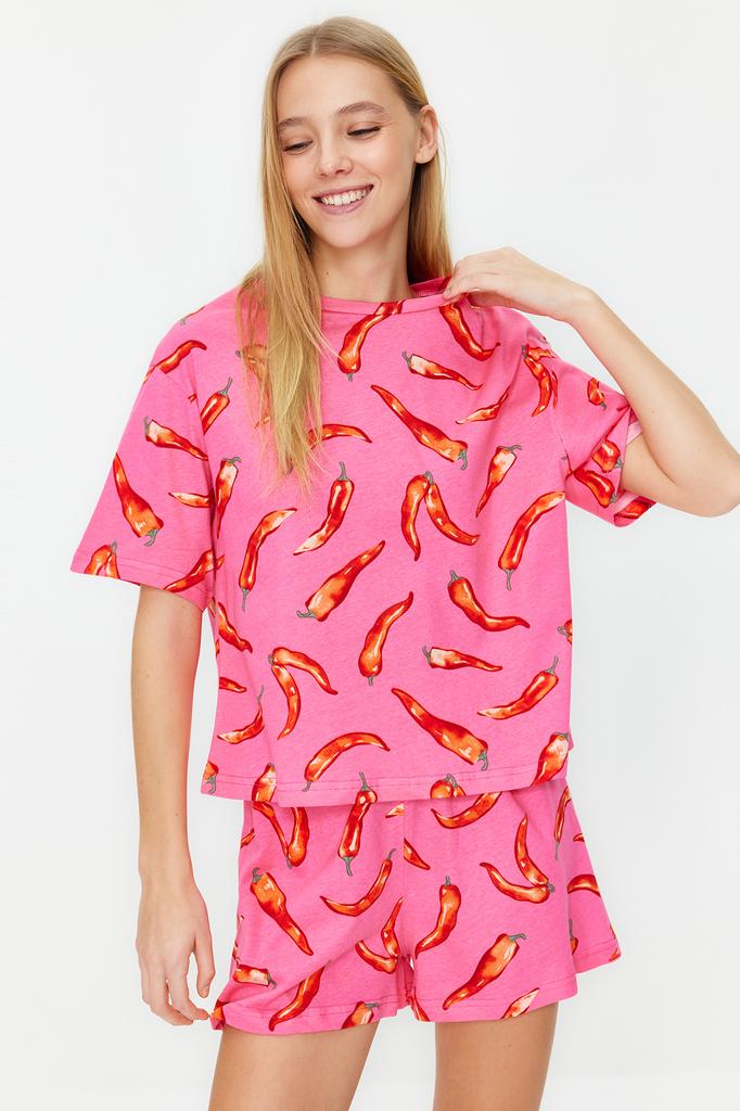 Conjunto de pijama feminino estilo homewear com renda rosa e babados detalhado