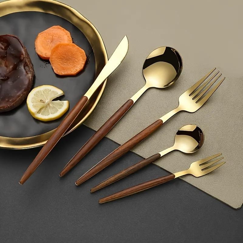 11Pcs Gold Cutlery Set Stainless Steel Flatware Wooden Handle Mirror Polished Steak Knife Fork Spoon Teaspoon Gift Box for Home