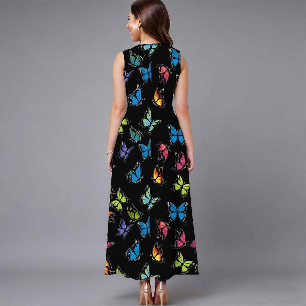 Women Oversized Sleeveless Crew Neck Dress Elegant Dense Floral Vines Flowy Calf Length Outfit