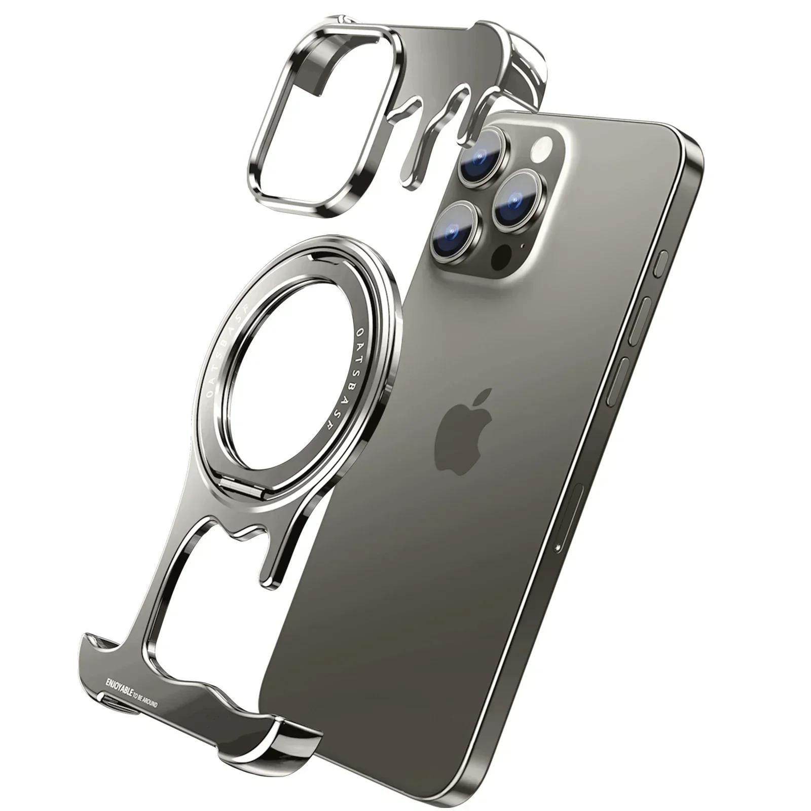 

Oatsbasf Чехол для iPhone 16 Pro/16 Pro Max Чехол для телефона Magsafe Металлический чехол для телефона с держателем-кольцом для пальца с вращением на 360° Безрамочный чехол для телефона aluminum&For iPhone 16 Pro