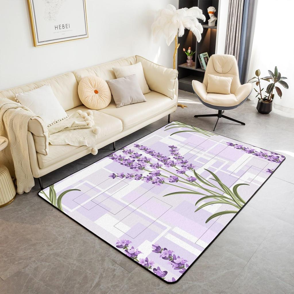 Purple Flowers Rug Watercolor Lavender Carpet Romantic Floral Doormat for Girls Teen,Wild Country Style Garden Flower Floor Mat