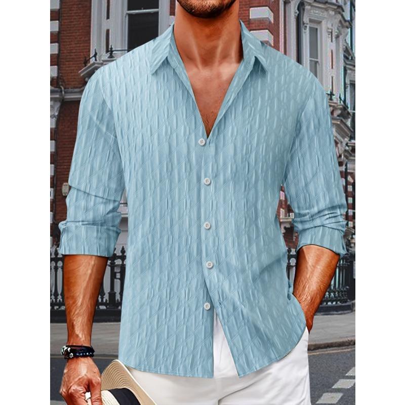 Camisa de Manga Larga a Cuadros Jacquard con Cuello Camisero de Solapa de Botón Único