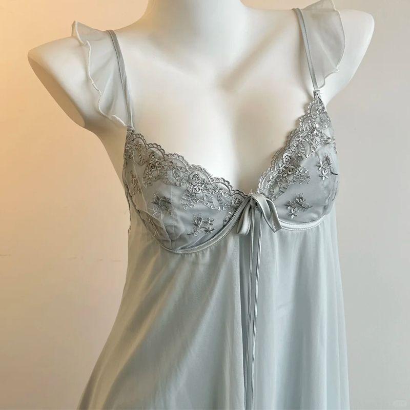 

Good Morning with You: Milk Salty Pure Desire Sexy Slimming Padded Strap Nightdress Fancy Lace Pajamas Smoky Rain Blue (Nightgown) 170 (XL)