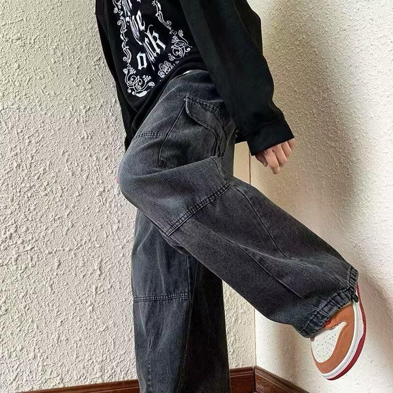 Men/Women Oversized Cargo Pants Vintage Drawstring Multiple Pockets Elastic Waist Solid Color Baggy Denim Pants Wide Leg Trouser
