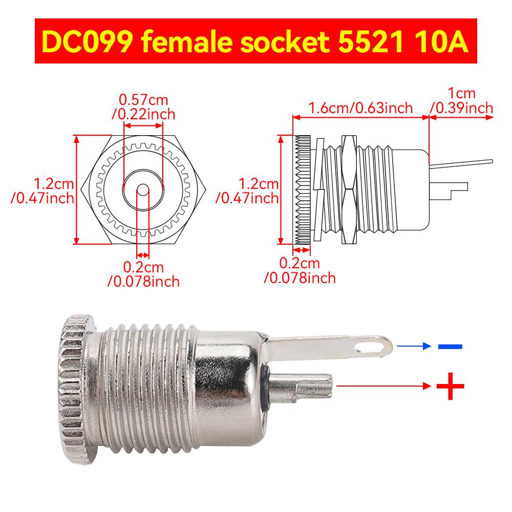 6Pcs/Set DC099 Power Supply Socket DC Female Socket 5521 5525 Power Jack Socket Female Panel Mount Connector Metal 10A