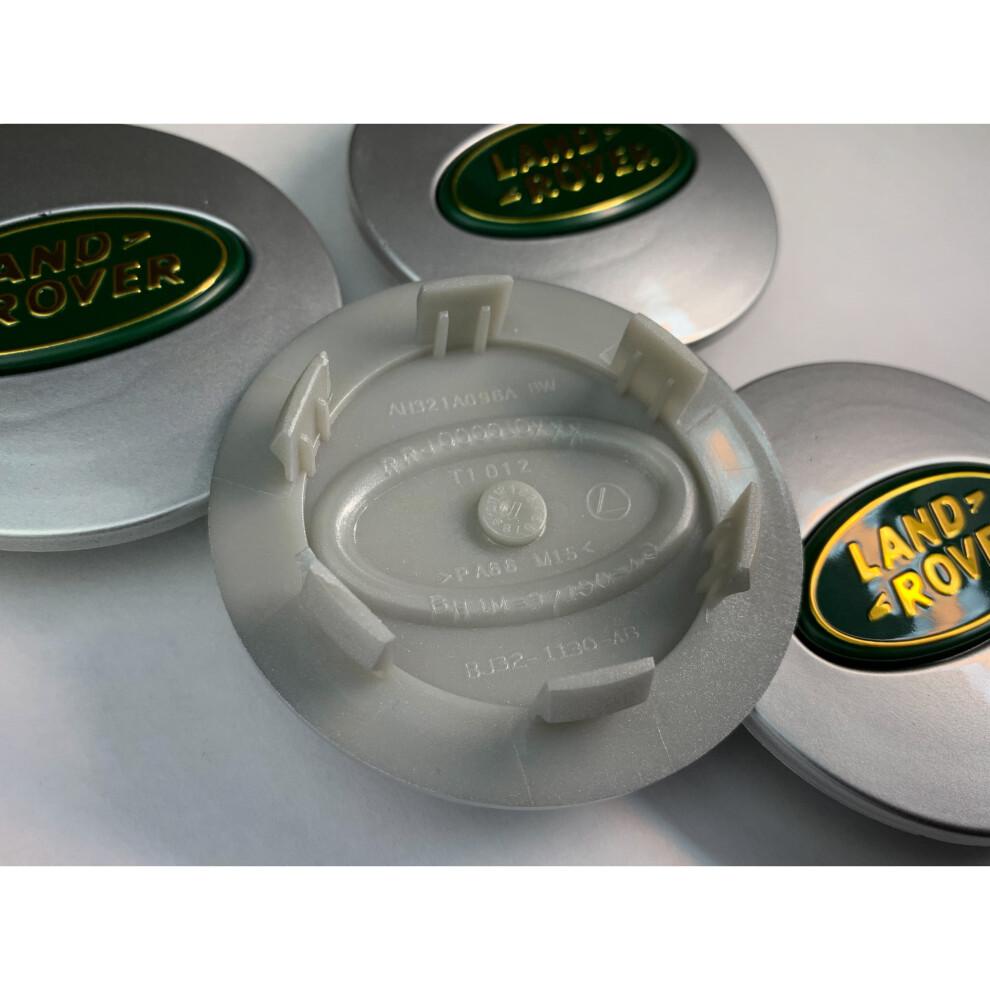 Set of 4 Silver & Green Land Rover Alloy Wheel Caps 63mm