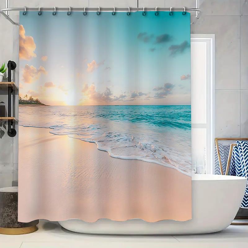 

Beach Scenery Shower Curtain Ocean Waves Sunset View Enhance Spa Bathing Experience Home Decor Waterproof Durable Easy-Clean W60H190(CM)-1 Pcs