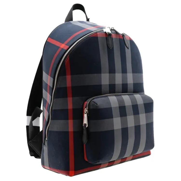 Burberry Nastavitelný ramenní popruh Uzavírání na zip Kostkovaný design Bavlněný batoh Pánský batoh Tmavě modrá Červená 80840571