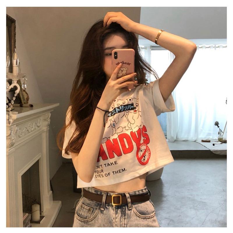Short-sleeved T-shirt for Women, Short Slim Short Top Hyuna Style Scheming High Waist and Navel Exposed New Style Versatile and Sexy