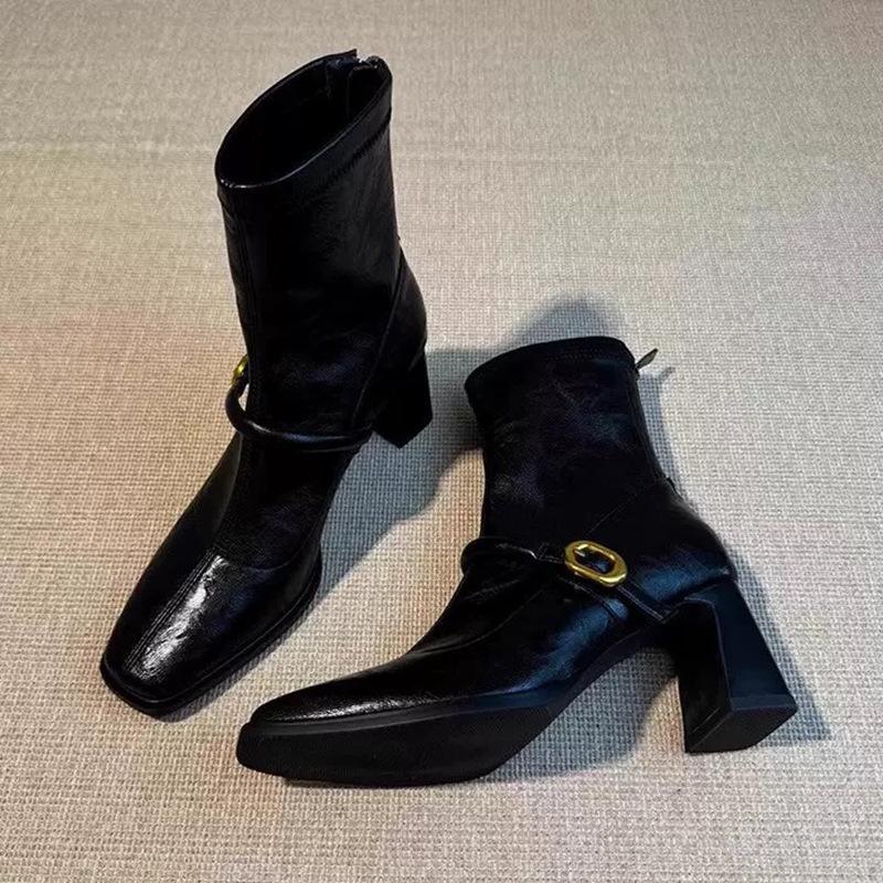 Square Head High Heel Skinny Boots Women's French Coarse Heel Retro Back Zipper Short Boots Elastic Fashion Boots