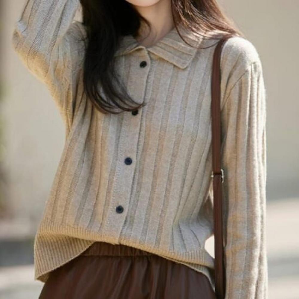 Navava Women Soft Ribbed Plain Basic Collar Long Sleeve Knit Cardigan Nk3342