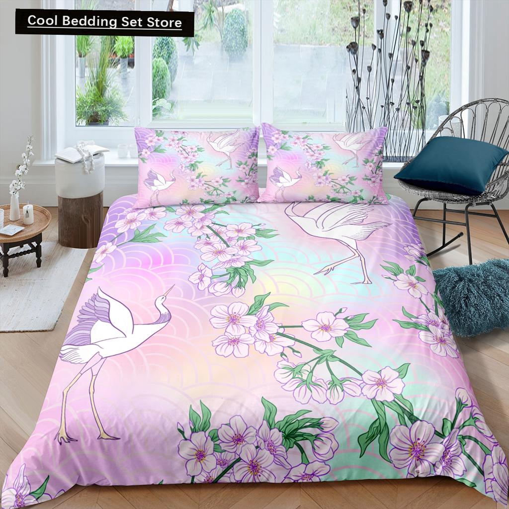 Japanischer Kranich-Bettbezug, King- und Queen-Size-Bettwäscheset mit Wellenblume im Ukiyo-e-Stil, östliche Kultur, 2/3-teilig, Polyester-Bettbezug