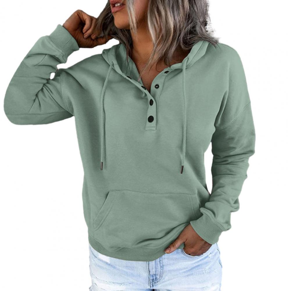 Women Fall Winter Hoodie Long Sleeve Loose Pullover Big Pocket Button Decor Drawstring Casual Soft Warm Hooded Elastic Cuff Lady