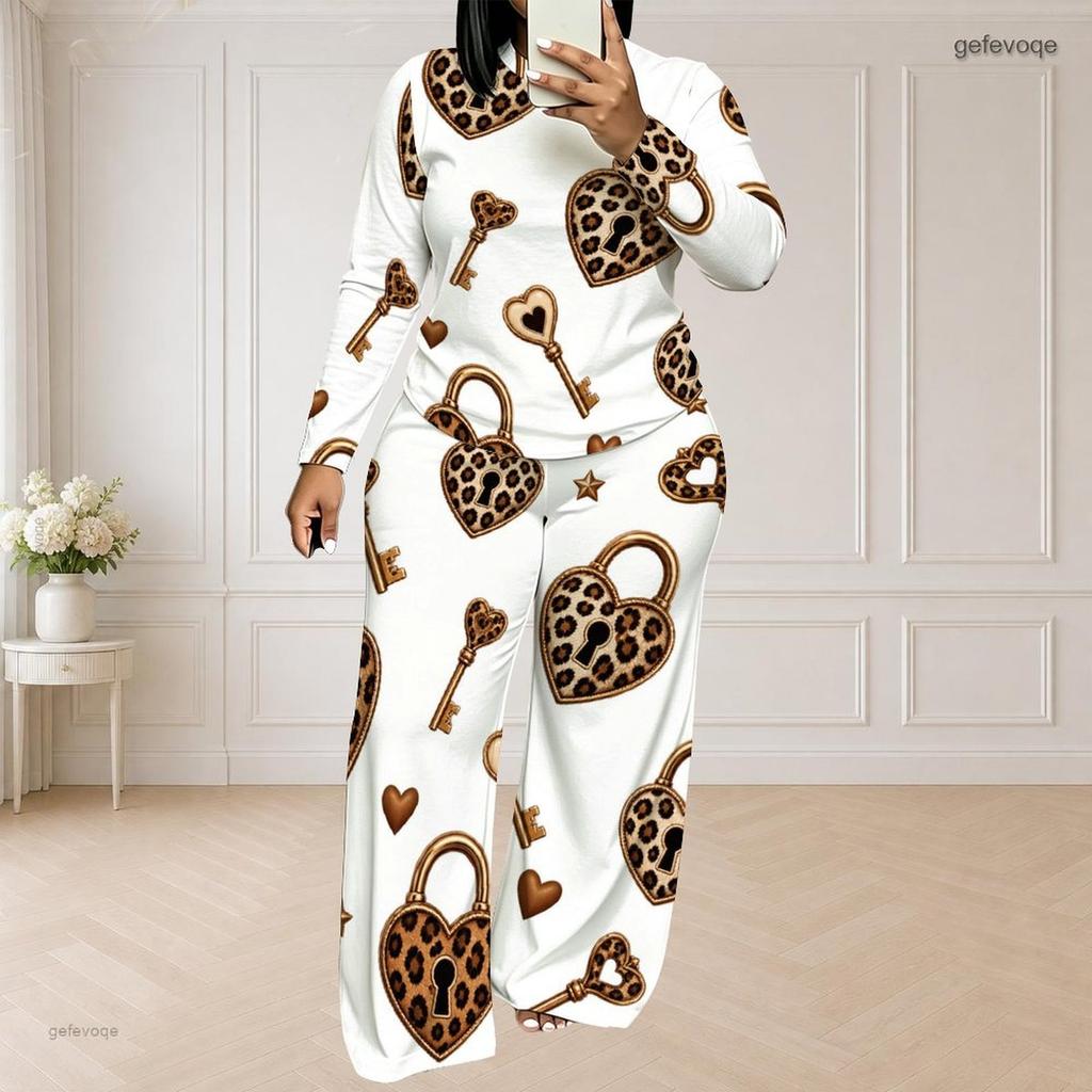 Women Plus Size White Printed Round Neck Long Sleeve Top And Long Pants Set