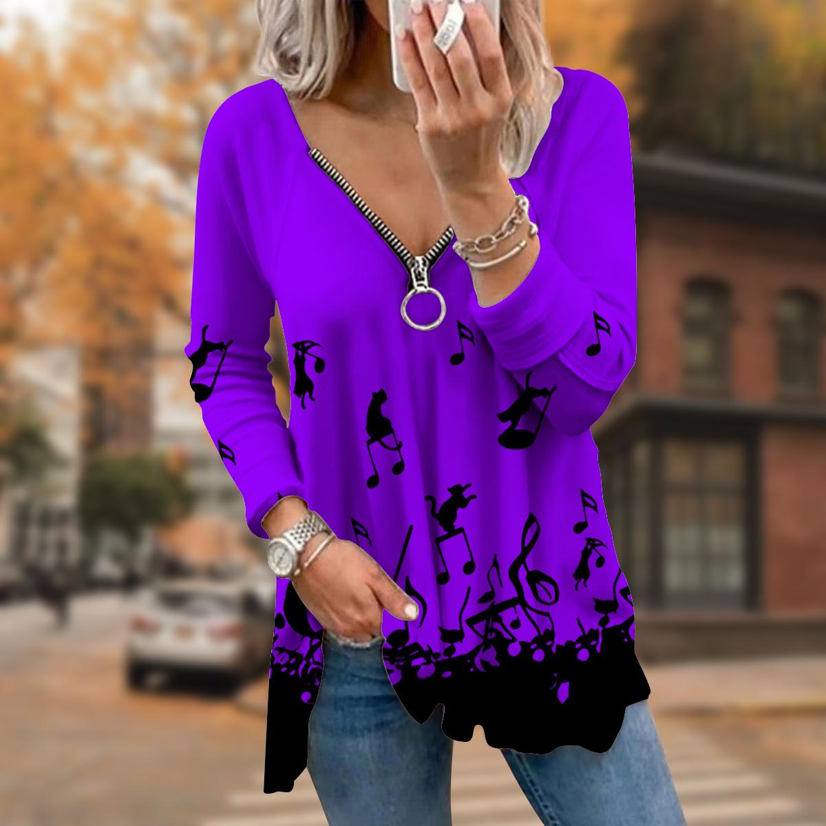 

Жіночі футболки з довгими рукавами з принтом «Осінній нотат» і вільні V-подібним вирізом, футболки великих розмірів, зручні блузки 8XL фіолетовий