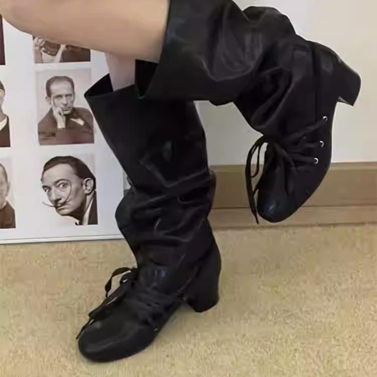 Retro Straps, New Niche Design Pants Boots, Thick Heel Thick-soled Boots, But Knee-pointed Lace-up Knight Boots