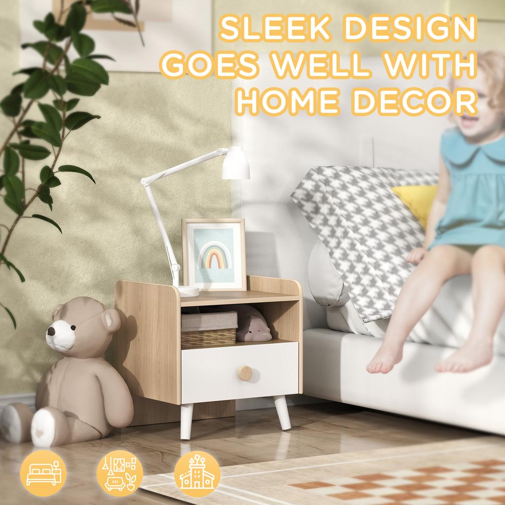 Kids Bedside Table with Drawer and Open Storage Shelf, Wooden Nightstand for Bedroom, Bedside Cabinet, White