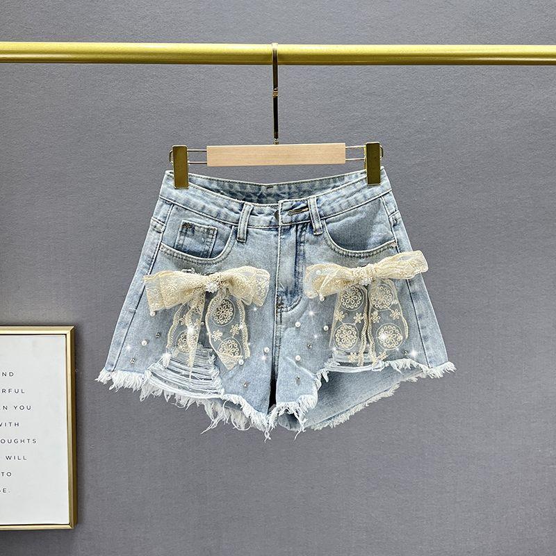 

Denim Shorts High Waist Hole-Embedded Diamond Bows Beaded Blue S