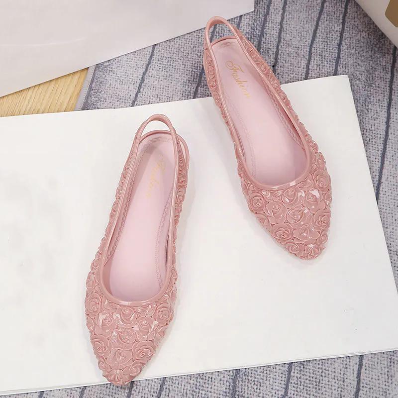 WTEMPO Pointed Toe Flowers Large Size Solid Color Casual Shoes Women PVC Waterproof Non-slip Soft Low Thick Heel Work Single Shoes