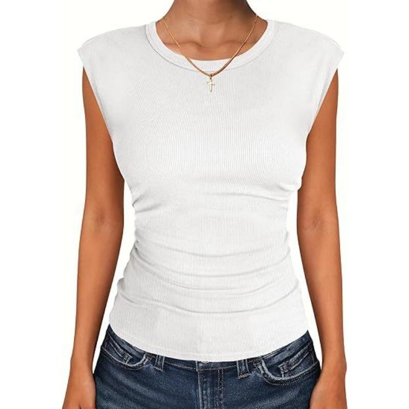 Women's Ribbed Knit Cap Sleeve Crew Neck Form-Fitting T-Shirt