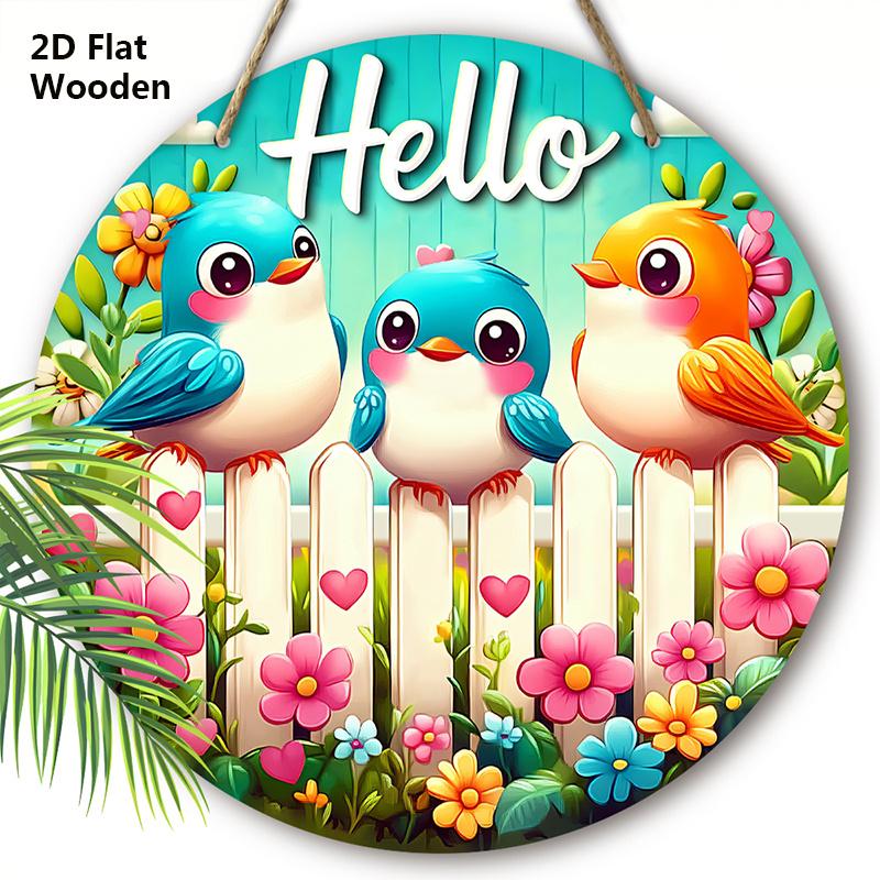 Plat 2D, 1 pièce Panneau en Bois Oiseau Vif Hello Hello Printemps Panneau de Bienvenue Décoration de Jardin Décoration Murale et de Porte de Maison Décoration de Fête de Fête Printemps