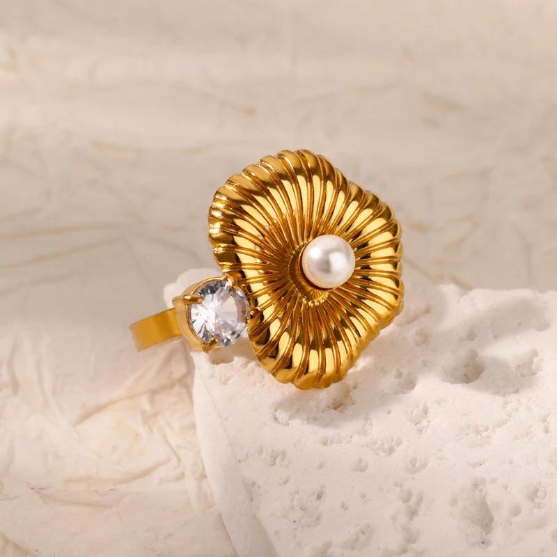 K Gold Plated Stainless Steel Pearl Ring Shell Ring Gold Plated Head Jewelry Open Ring