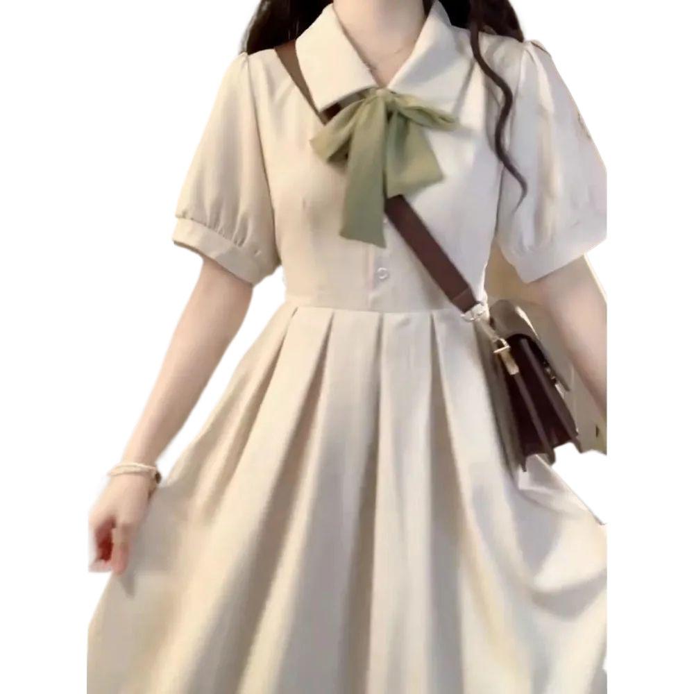 Summer College Style Lace-up Bow Dress for Women - Sweet Waist-Cinching Mid-Length A-Line Skirt