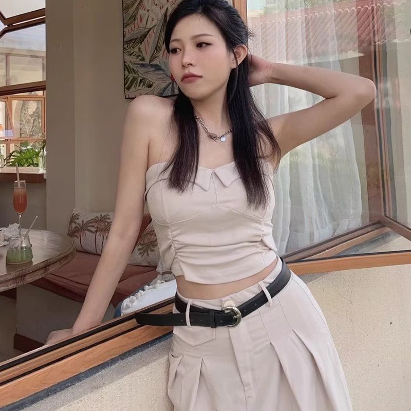 Fashion Summer Sexy Tube Top Sexy Tops Women's Ruched Short Fashion Tape Sleeveless Tight Vest