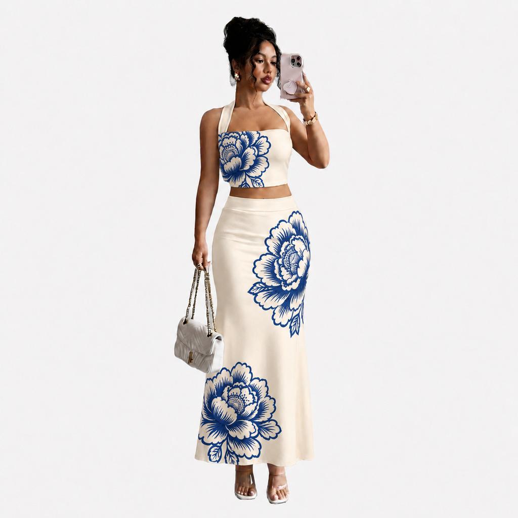 New European and American style printing tube top two-piece set women's summer high waist long dress fashion temperament set