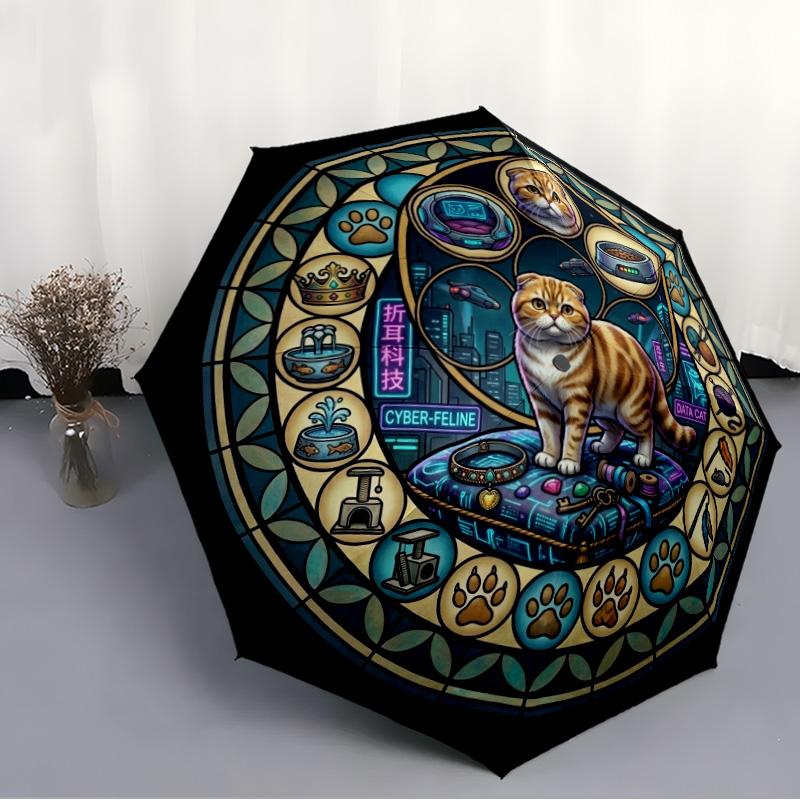 Cybernetic Cat Dreamscape pattern umbrella, portable and foldable design, 8 ribs, a casual accessory for Halloween, Christmas, and birthday gifts.