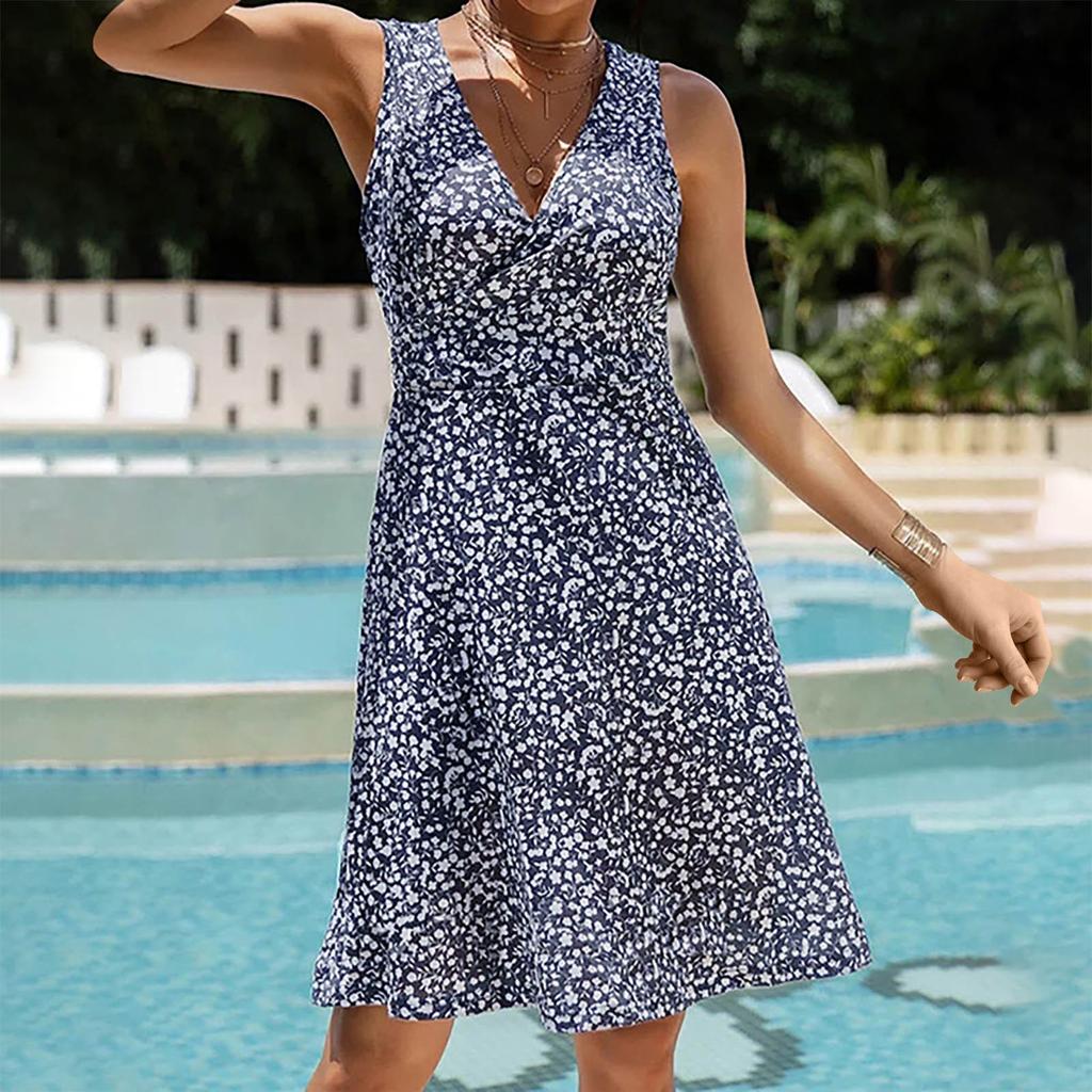 Ladies Sexy V-neck Mid-waist Floral Lace-up Sleeveless Vest And Swing Dress