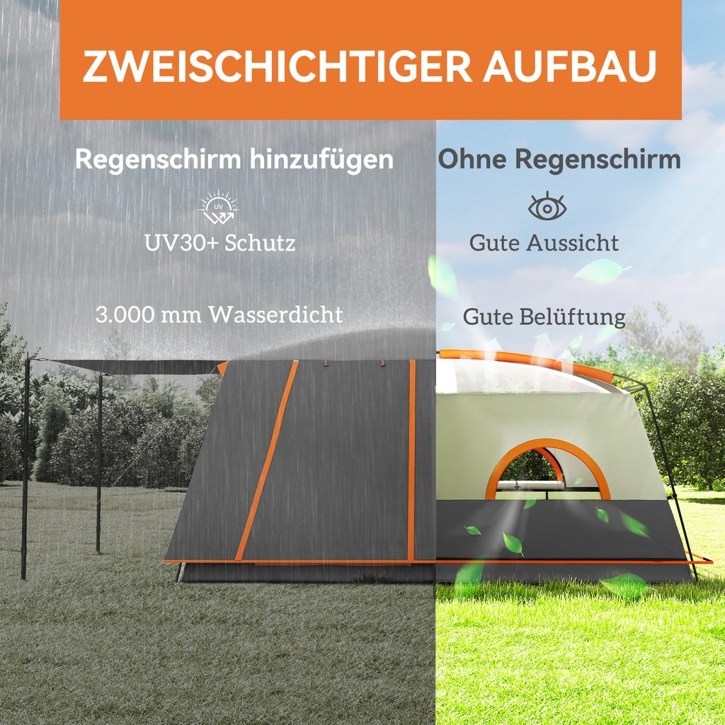 Camping tent for 4-6 people, lightweight, stable, waterproof tunnel tent with canopy and groundsheet, dark gray