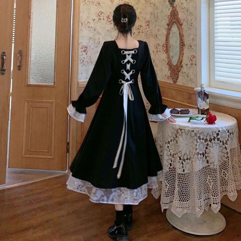 A-line Girls Long Dress Slim Fit Puff Long Sleeved Dress Fashion Lace Princes Dress  Ladies