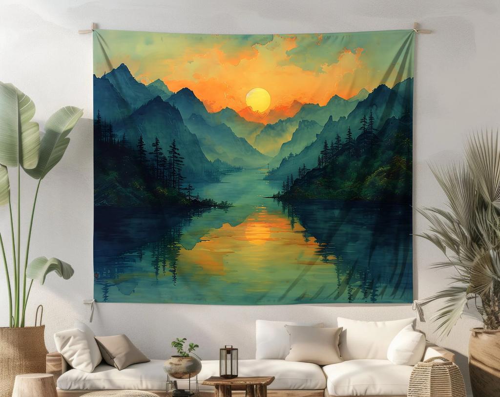 Sunset Mountain Tapestry Flat Print Misty Forest Landscape Wall Hanging Wilderness Nature Aesthetic Art for Bedroom Dorm Home